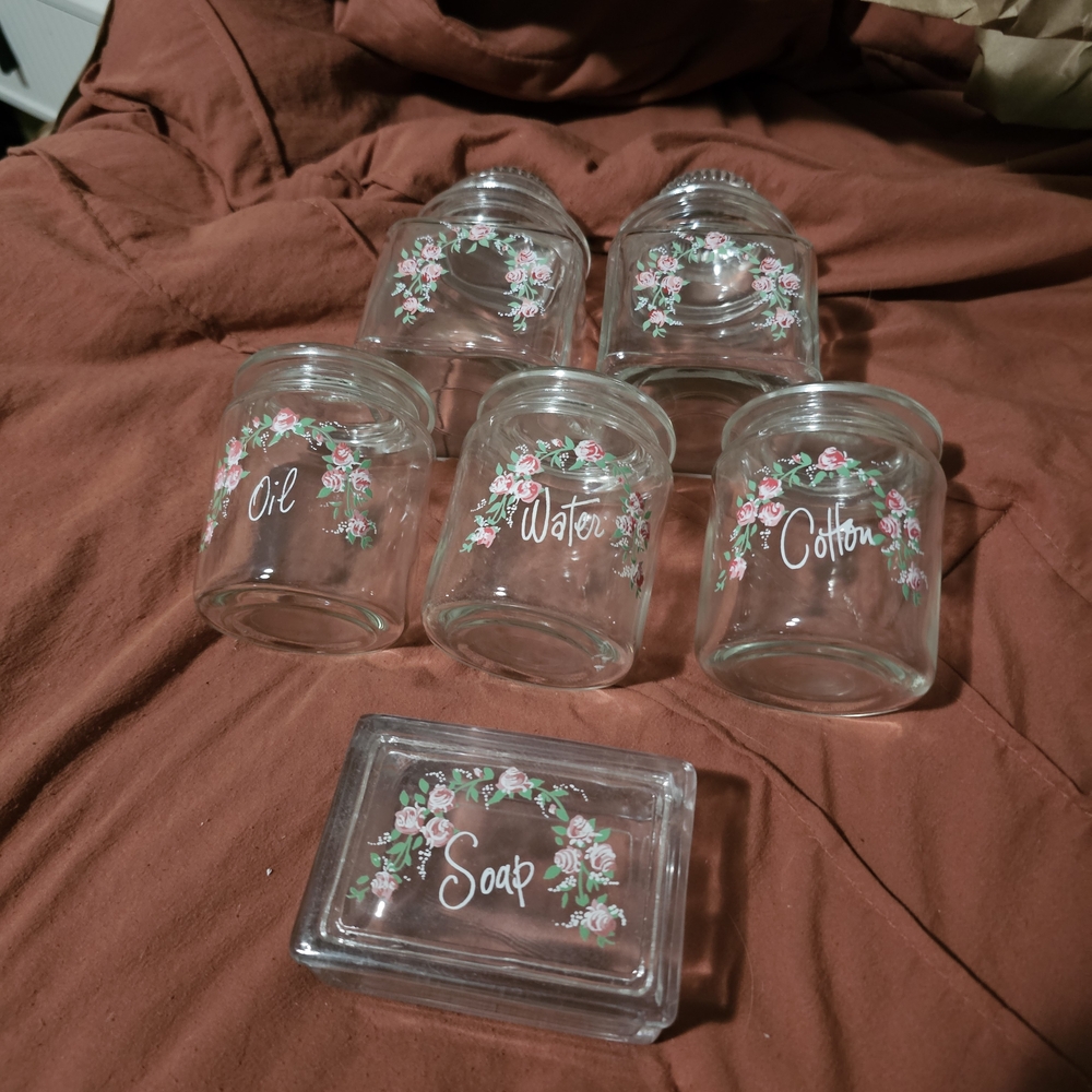 Vintage Ladies Vanity Floral Glass Bath Accessory Set